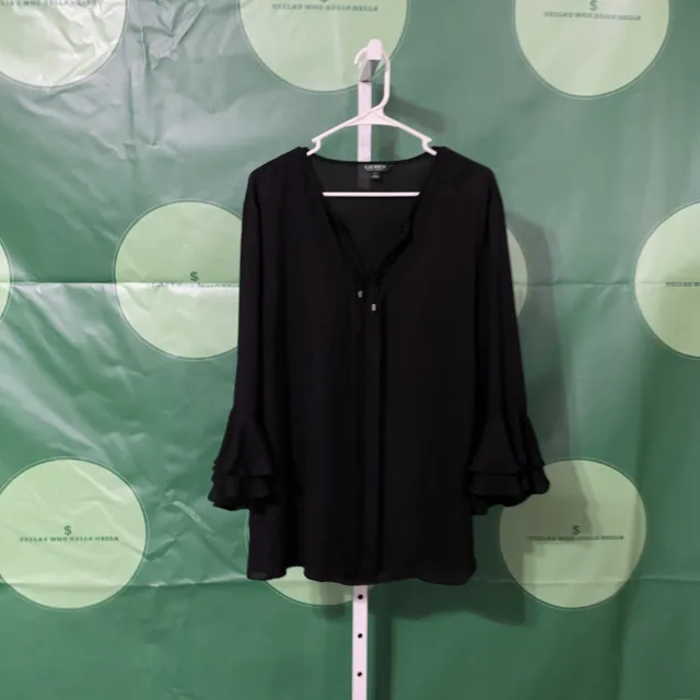 LAUREN Ralph Lauren Women’s ruffle sleeve front tie blouse in BLACK sz XL -VGUC