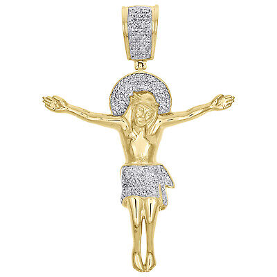 10K Yellow Gold Real Diamond Crucifix Jesus Pendant Cross Designer Charm 1/2 CT.