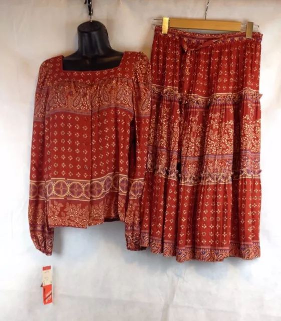 NOS VTG 14 USA Ladies Boho Prairie Gypsy 2pc Skirt Shirt Set Outfit Cottagecore