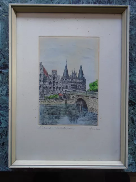 Lübeck - Farb Radierung - Holstentor - signiert - Bild - 26x19 - Karl Zwicker?