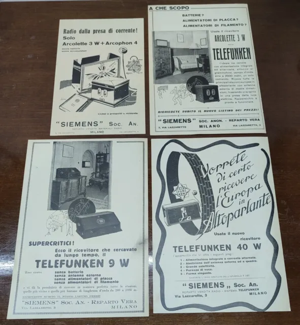 Lotto di 4 Pubblicità d'epoca Telefunken estr. da rivista anni '20, Advertising.