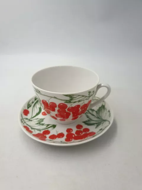 Vintage Lomonosov LGZ Russian Bone China Tea Cup Saucer Red Berries Green Leaves