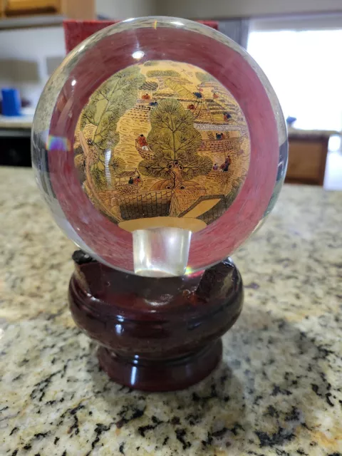 Art Glass Globe Paperweight Chinese Reverse Hand Painted Signed Great Wall Gift