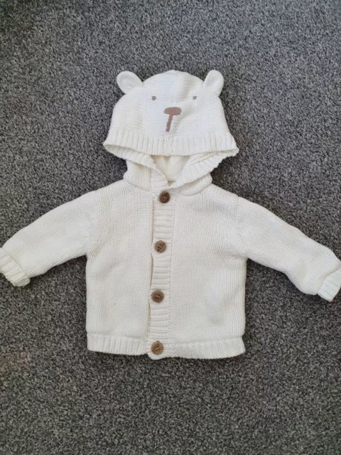 Mamas and Papas Baby Cream Bear Knitted Button Cardigan with Hood Age 0-3 Months