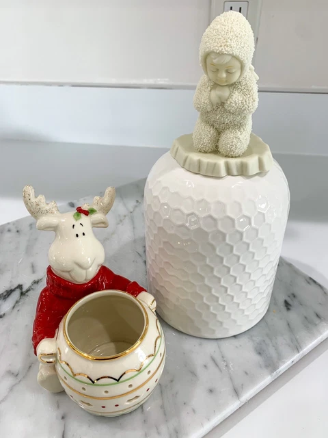 Set Of LENOX Moose Votive Hosting Holidays and Praying Angel Snowbabies W/ Wings