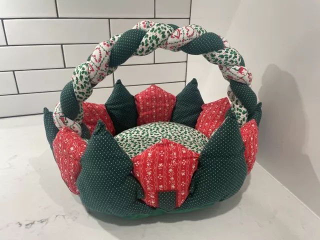 Handmade Christmas Quilted Padded Fabric Basket Trees Red & Green 2