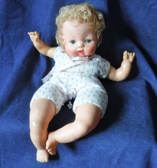 Vintage 14" Doll Baby Cloth Body Sleep Green Eyes Blonde Rooted Hair 1960s Vinyl