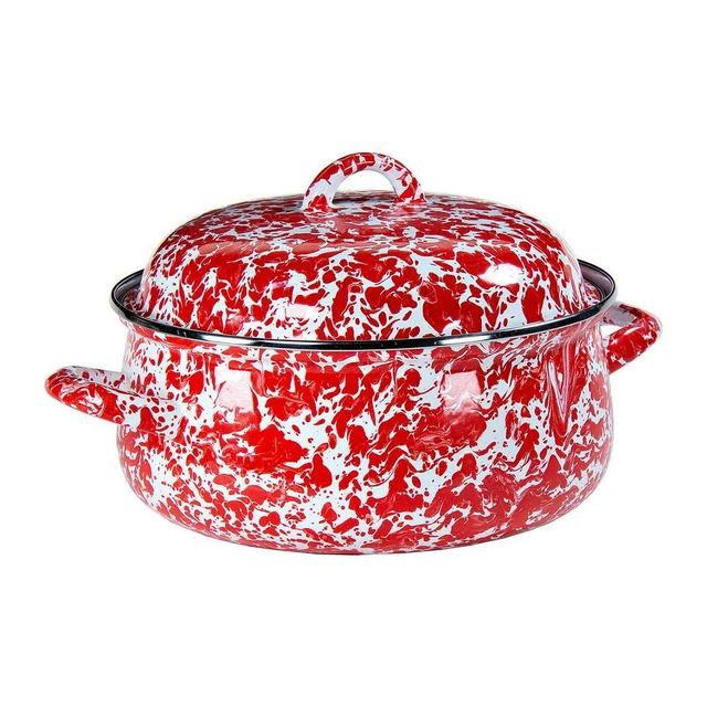 Dutch Oven Set 4 Qt Lid Enamelware Swirl Round Porcelain Coated Steel Red 2 Pc