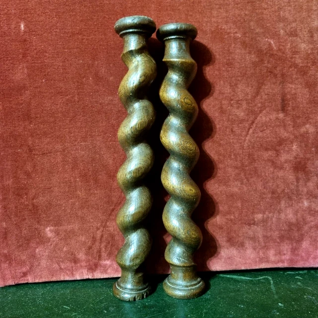 2 Barley twist turned wood spindle Column Baluster 10" - Antique French 2
