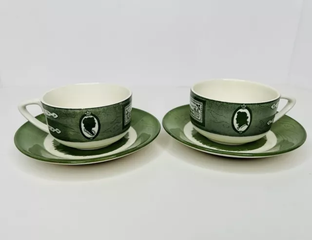 Vtg 1950s Colonial Homestead Royal Green & White Cup & Saucer Set of 2 NO Chips