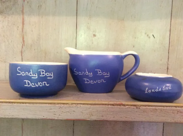Vintage Devonmoor Potteries Blueware Sugar Bowl & Milk Jug Souvenir Sandy Bay