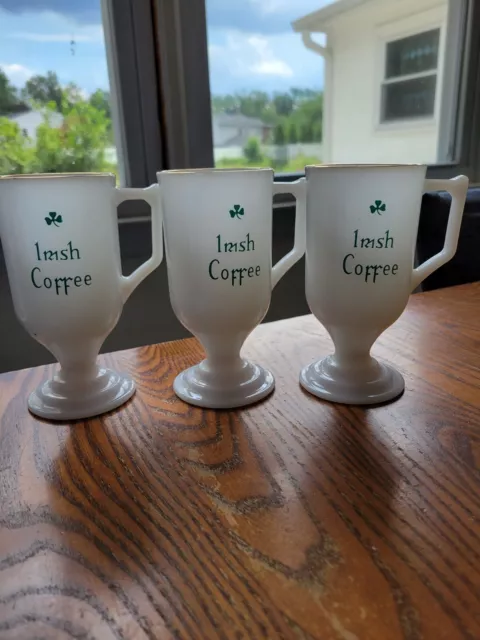 3 Vintage Irish Coffee Shamrock Pedestal Mugs Milk Glass