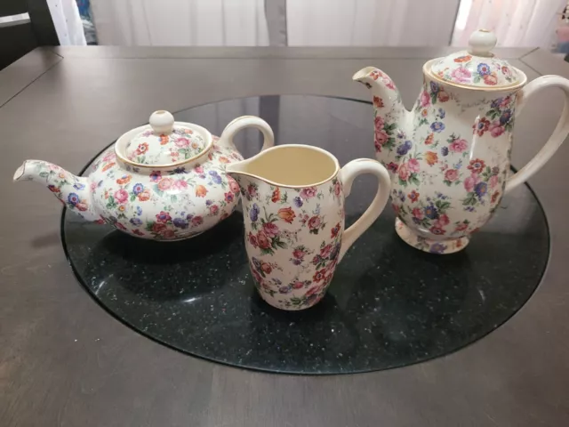 Dorset, ER Phila, Cherry Chintz, Gold Trim: Coffee Pot & Lid, Teapot, & Creamer
