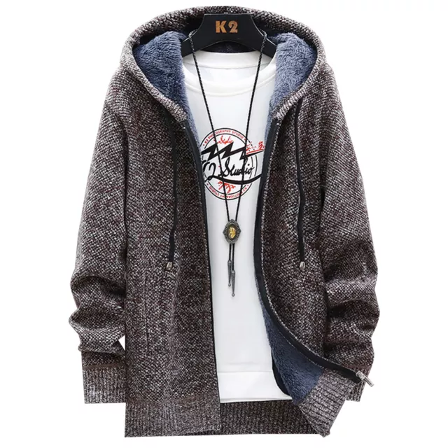 Men Solid Thick Warm Fleece Lined Hoodie Zip Winter Coat Jacket Sweatshirt Tops