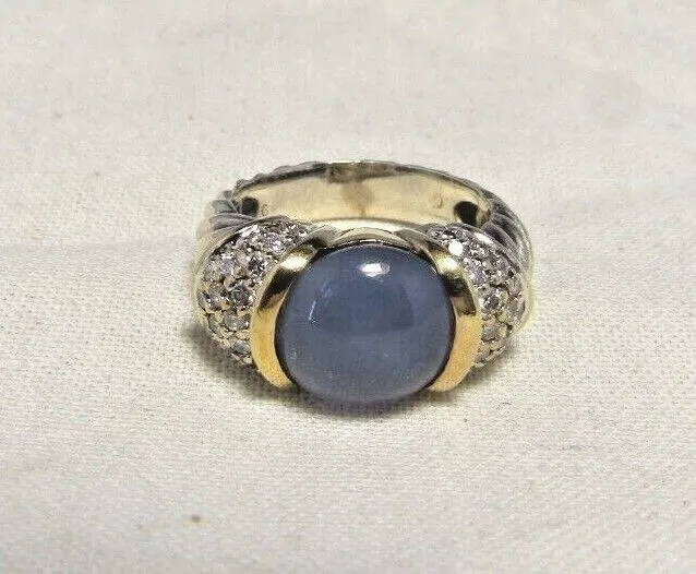 David Yurman 18K & Sterling Silver Blue Chalcedony & Diamonds Capri Ring Size4.5