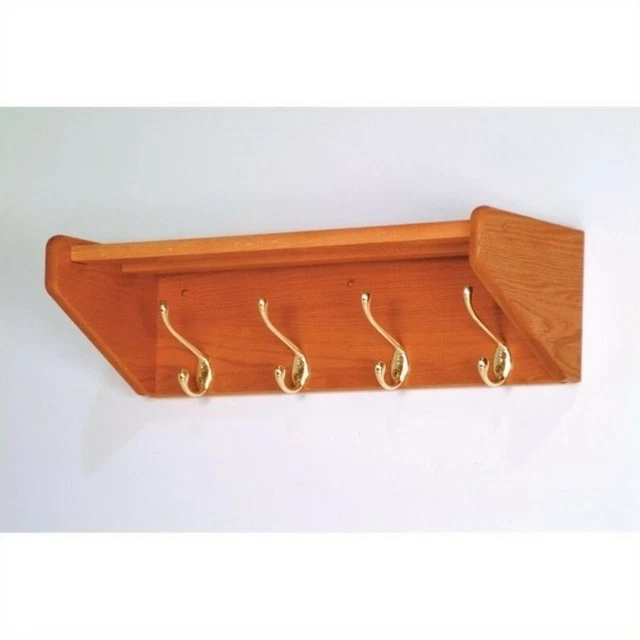 Wooden Mallet Hat and Coat Rack with 4 Brass Hooks in Medium Oak