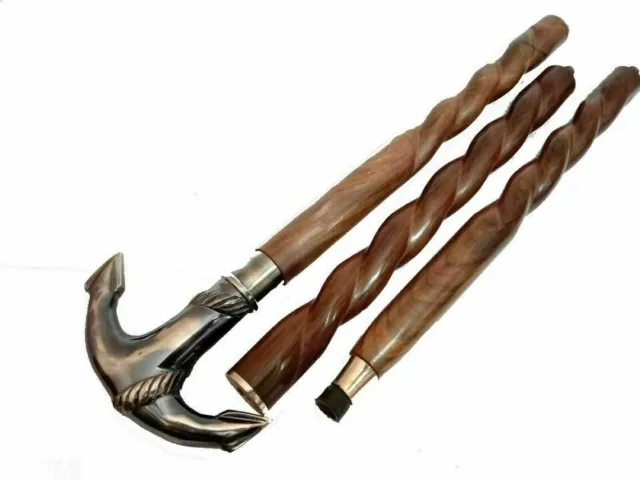 Antique Anchor Handle Walking Stick Cane Brass Handle Wooden Brown Design