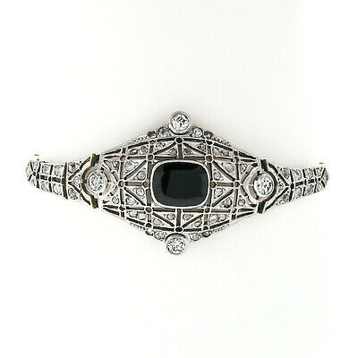 Ancien Edouardien 18k Or Platine Onyx Noir & Rose Coupe Diamant Ventre Bracelet