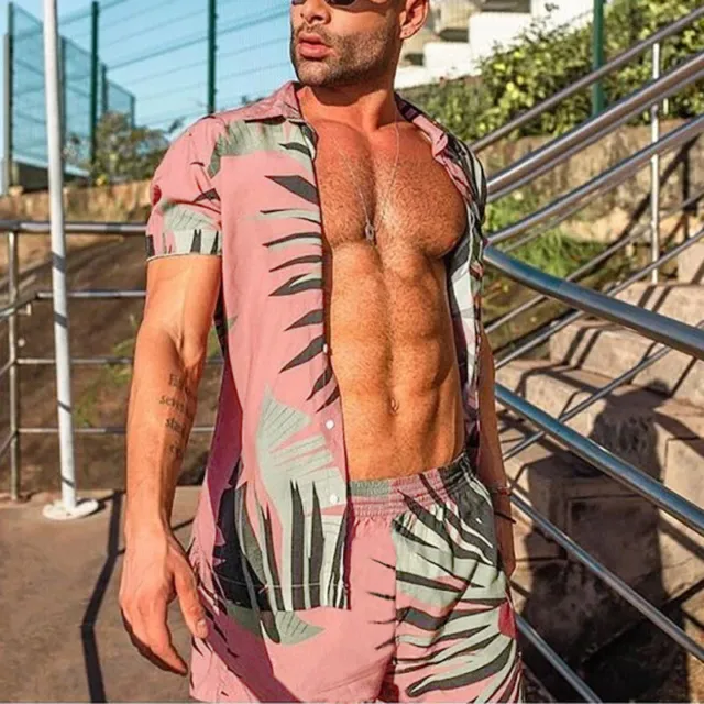 Set 2 pezzi pantaloncini stampati da uomo Hawaii spiaggia + abito camicia pantaloni a maniche corte 2