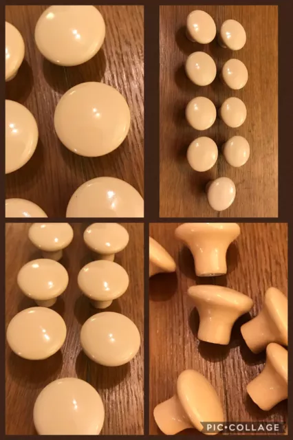 9 Knobs Ceramic Round Tan Beige Pedestal Mushroom Shape Cabinet Drawer Vintage