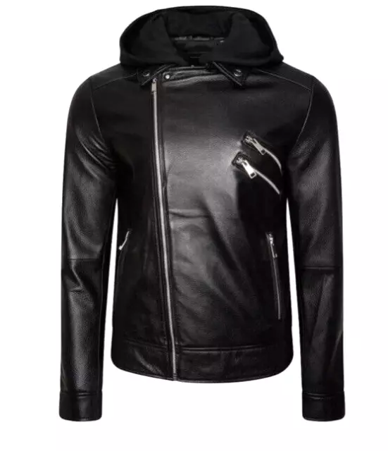 New Mens Barneys Hooded Sheep Leather Biker Jacket Black Size S RRP£425