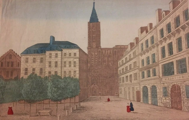Vue d'optique gravure XIXe CATHEDRALE STRASBOURG engraving BASSET