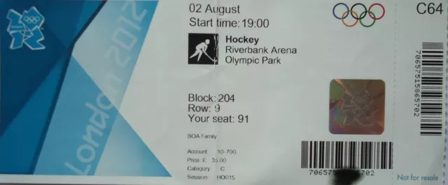Eintrittskarte Olympia 2.8.2012 Women's Hockey Belgien - Großbritannien C64