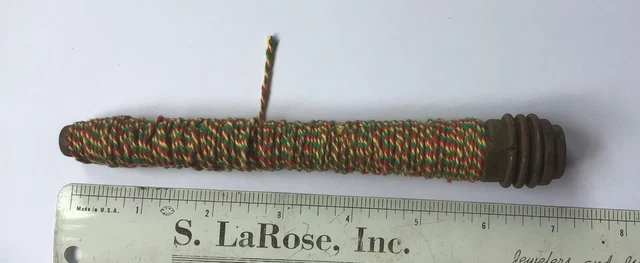 Vintage Wooden Bobbin Spool w/ Heavy Thread * Red Green Yellow - 7”