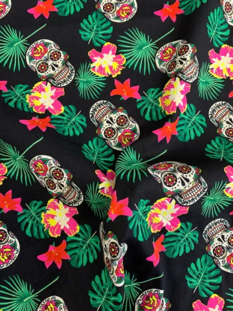 10 Metres Black Hawaiian Floral Candy Skulls Printed 100% Cotton Poplin Fabric