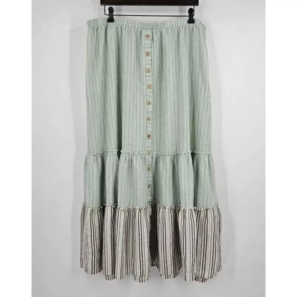 Ava James Cottagecore Prairie Mint Green Gray Stripe Tiered Maxi Skirt Sz 2X