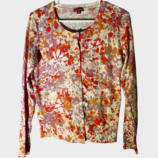 Merona Womens Medium Cardigan Sweater Cotton Nylon Spandex Red Yellow White