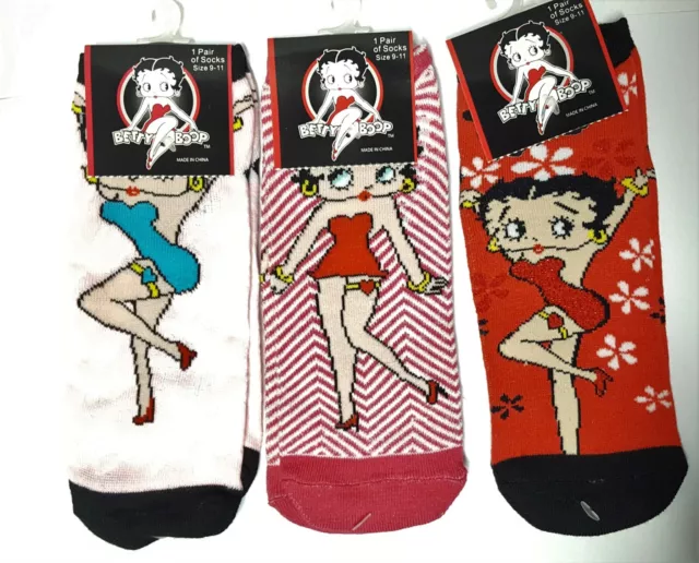 BETTY BOOP Socks 3 Pair NEW Ankle Short 2012 Pink Stripe Red Sparkle sz 9-11 NOS