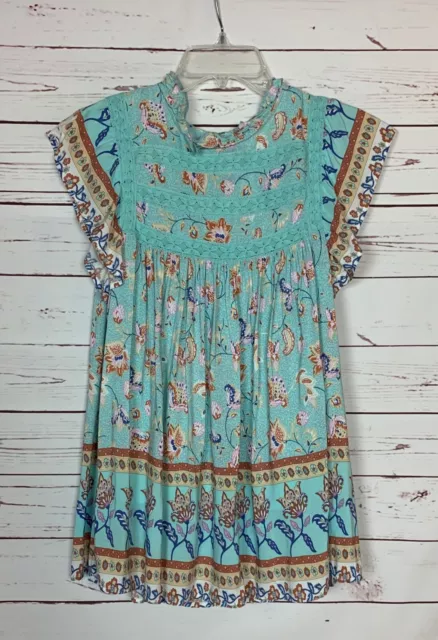 In Loom Boutique Women's M Medium Blue Floral Boho Short Sleeve Top Blouse