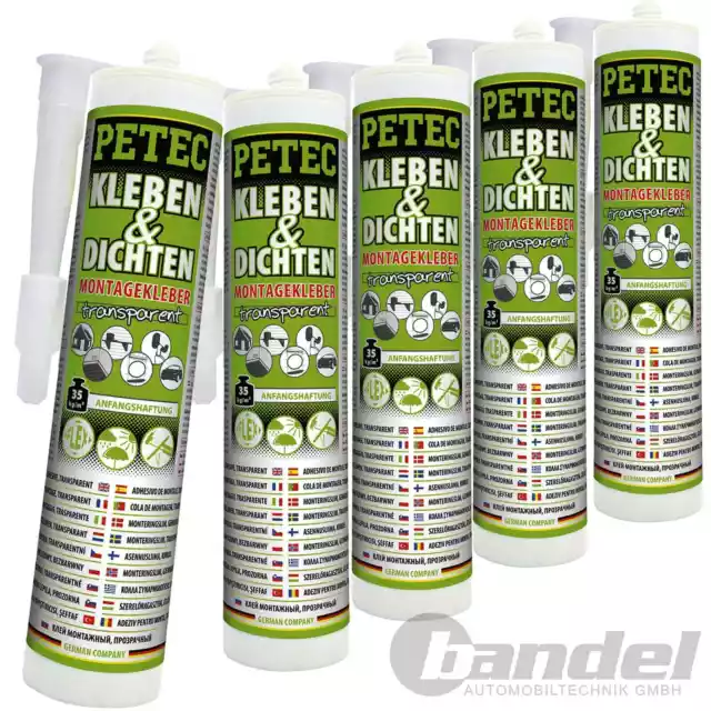 5x PETEC ADESIVI E DENSI 290 ML ADESIVI DI MONTAGGIO TRASPARENTI VETRO METALLO ADESIVO