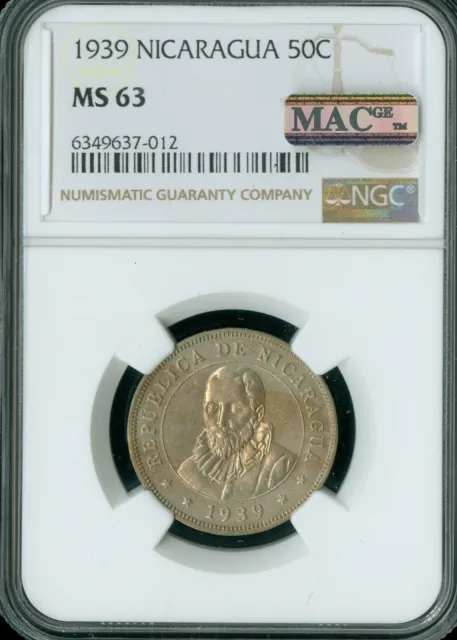1939 Nicaragua 50 Centavos Ngc Ms63 Rare In Mint State .