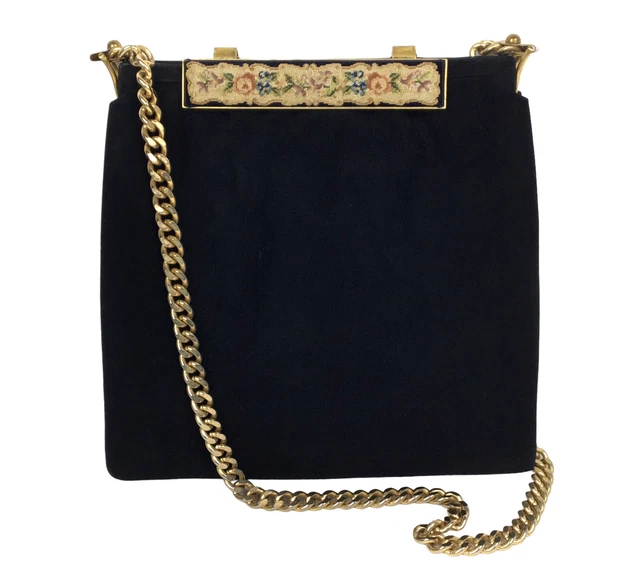 Vintage 40s 50s Rosenfeld Black Fine Suede Petit Point Gold Chain Purse Handbag