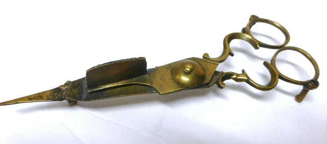 Antique 18-19Th Century Hand Forged Brass Candle Snuffer Scissors On Legs