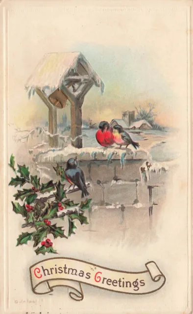 Christmas Greetings Embossed Postcard Posted Birds Holly Berries Winter Scene