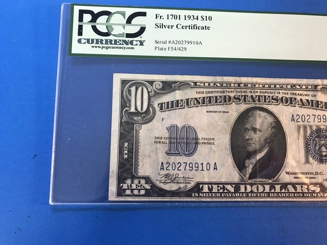 1934  Blue Seal $10 Ten Dollar Silver Certificate PCGS 30.....Lot #21 4