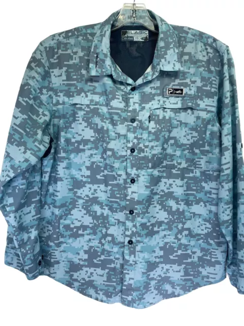 Pelagic Eclipse Mens Sz Large Blue Camo Long Sleeve Button Shirt (O3)