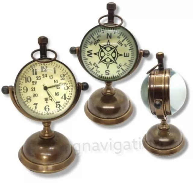 Antiguo reloj de mesa y estante de latón, réplica náutica vintage reloj latón marite