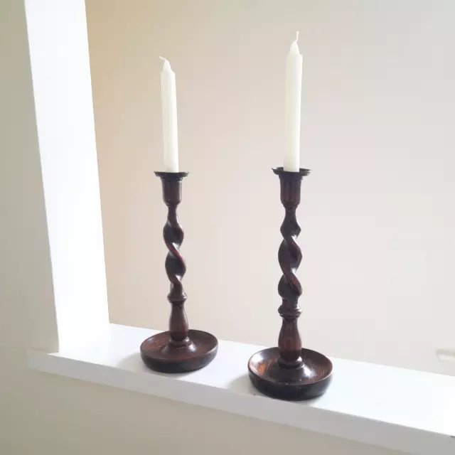 Edwardian Antique Pair Oak Barley Twist Candlesticks Bronze Wax Drip Catchers