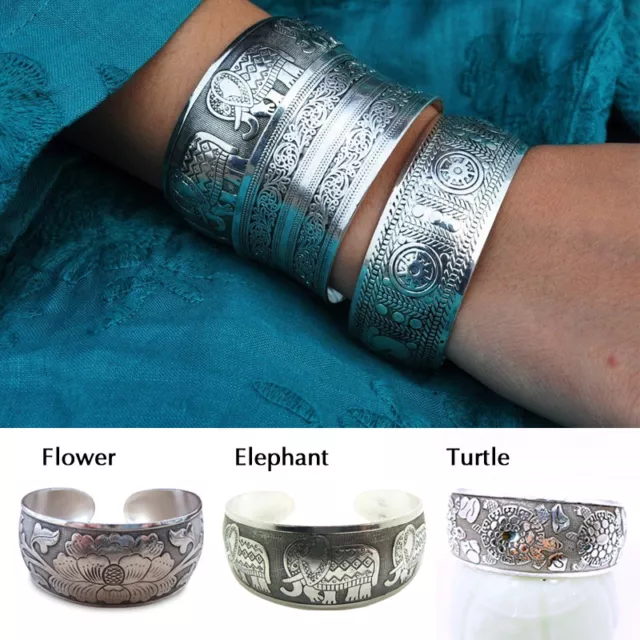 Women Vintage Tibetan Silver Carved Bracelet  Boho Cuff Bangle Jewelry Decors