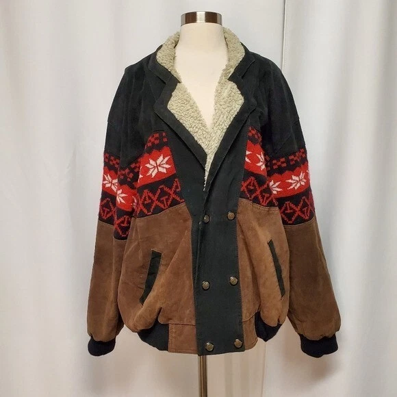 Vintage 80s Sun & Moon Navajo Aztec Suede Leather Tapestry Bomber Jacket Men's L