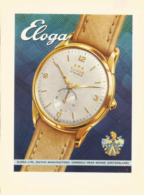 vintage 1957 print ad ELOGA Swiss Suisse watch movement MID CENTURY ART