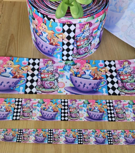 7/8, 1.5 & 3" (1 YD) Alice in Wonderland Grosgrain Ribbon Disney Teacup Alice