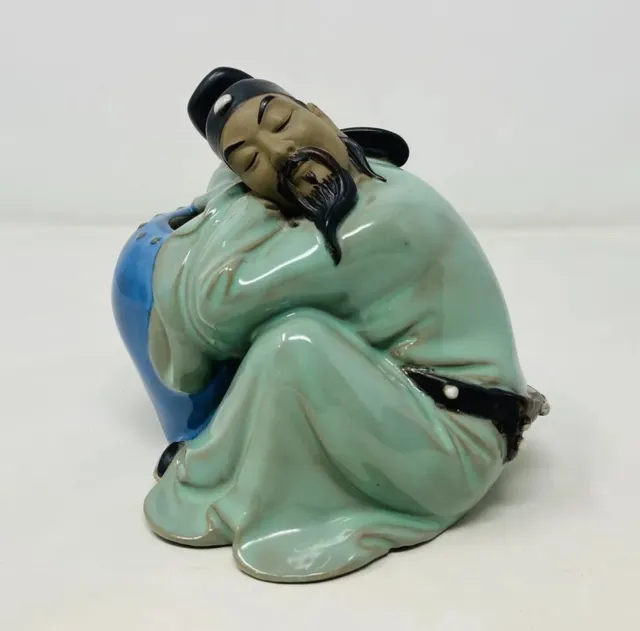Shiwan Mudman Sleeping On Vase Green Chinese Ornament Figurine Vtg 60s 70s GAL