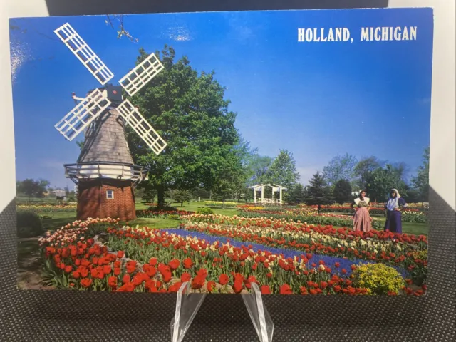 Flowers~Holland Michigan~Tulips & Windmill Dutch Postcard A7
