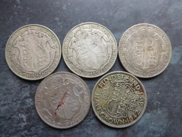 5x King George V Half Crown 0.500 (50%) Silver 1920 1921 1922 1923 1942 Joblot