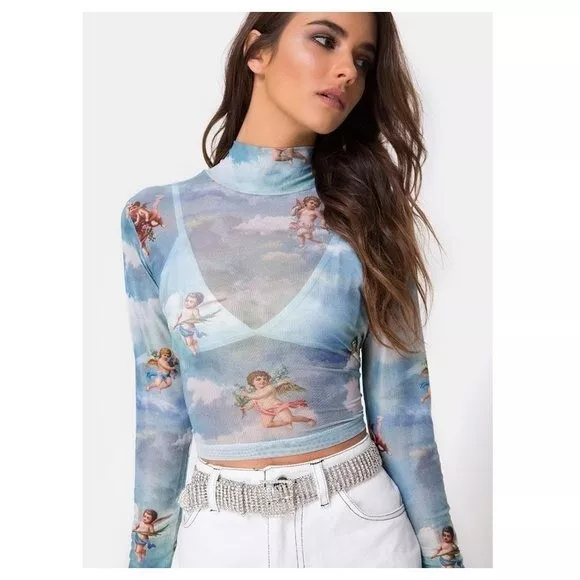 MOTEL Rocks Women Lara Angel Mesh Crop Top in Sky Long Sleeve Blue Size Medium